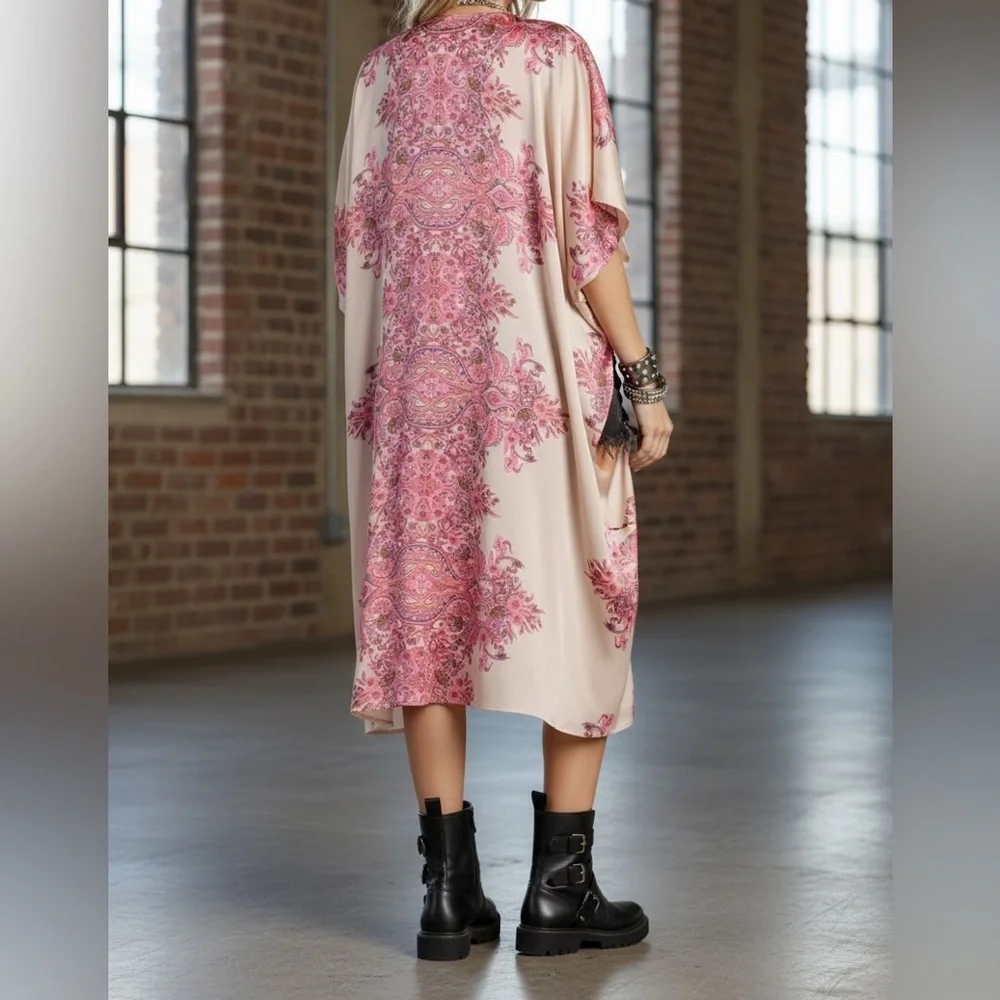 NWT UMGEE Floral Print Boho Silky Kimono Duster Coverup Cream - Picture 6 of 6